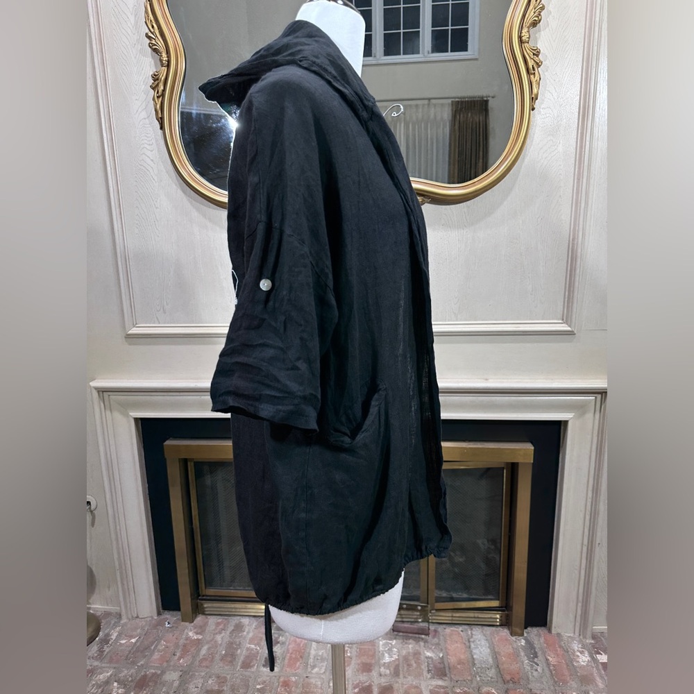 Gigi Moda Italy Linen Hooded Jacket Black Drawstring Hem Floral Back OS - Picture 13 of 15